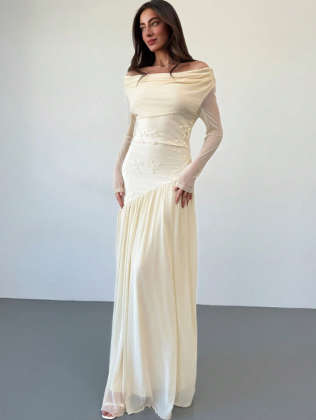 فستان طويل الأكمام أنيق بزخارف مطرزة باللمسة مكشوفة الكتف